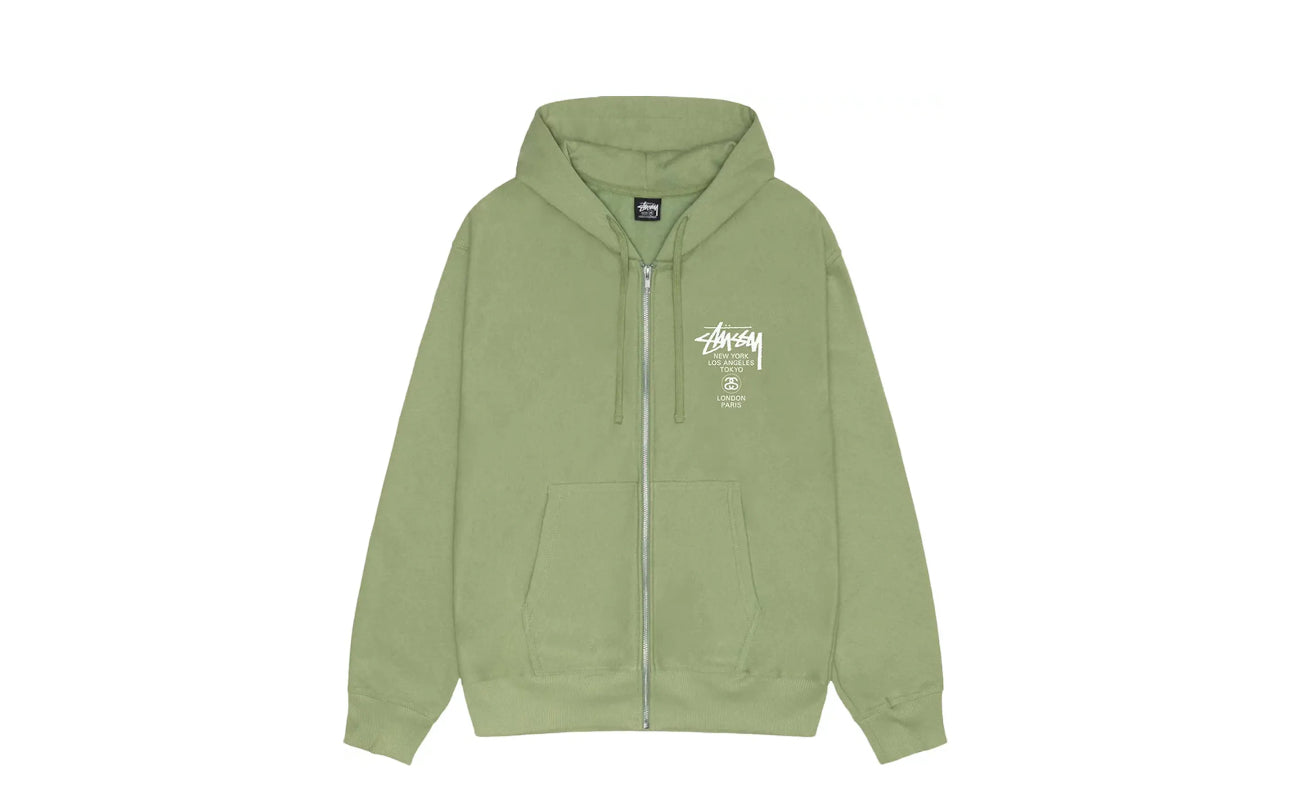 Stüssy World Tour Zip Up Hoodie Moss
