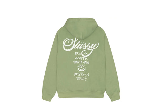 Stüssy World Tour Zip Up Hoodie Moss